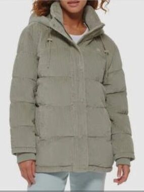 Levi's Wide Wale Corduroy Zip Snap Hooded Bubble Puffer Jacket Sage Green Sz M